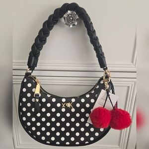 Betsey Johnson Black and White Polka Dot Bag with Fuzzy Cherry Charm NWT